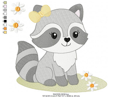 Baby Girl Racoon embroidery design - Woodland Forest Animal machine embroidery pattern - Raccoon with flowers - Instant download
