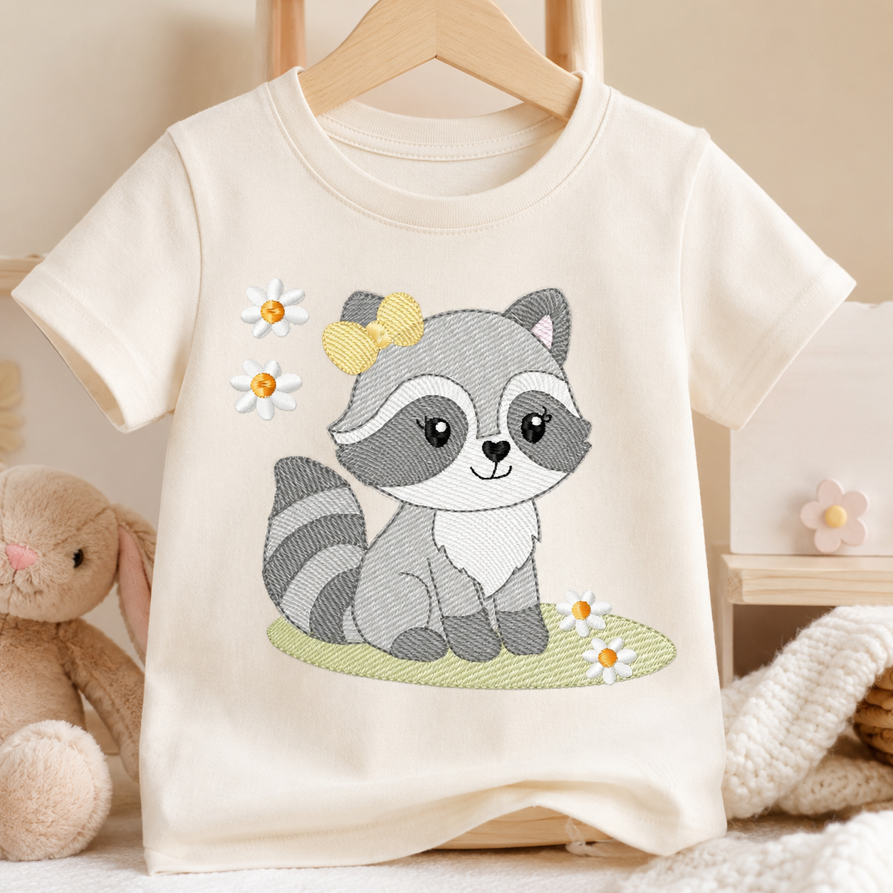 Baby Girl Racoon embroidery design - Woodland Forest Animal machine embroidery pattern - Raccoon with flowers - Instant download