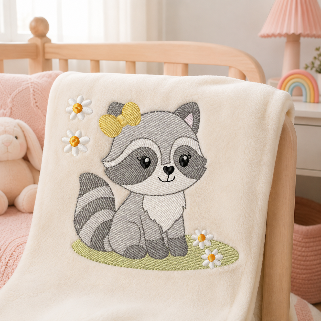 Baby Girl Racoon embroidery design - Woodland Forest Animal machine embroidery pattern - Raccoon with flowers - Instant download