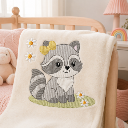Baby Girl Racoon embroidery design - Woodland Forest Animal machine embroidery pattern - Raccoon with flowers - Instant download