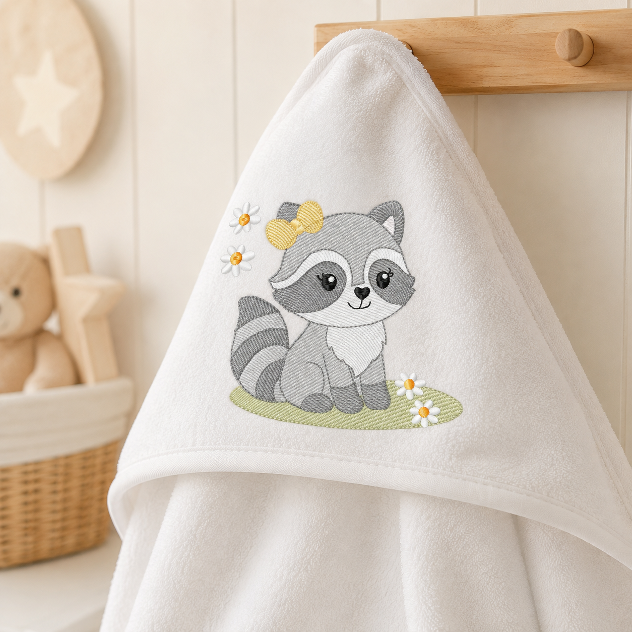 Baby Girl Racoon embroidery design - Woodland Forest Animal machine embroidery pattern - Raccoon with flowers - Instant download