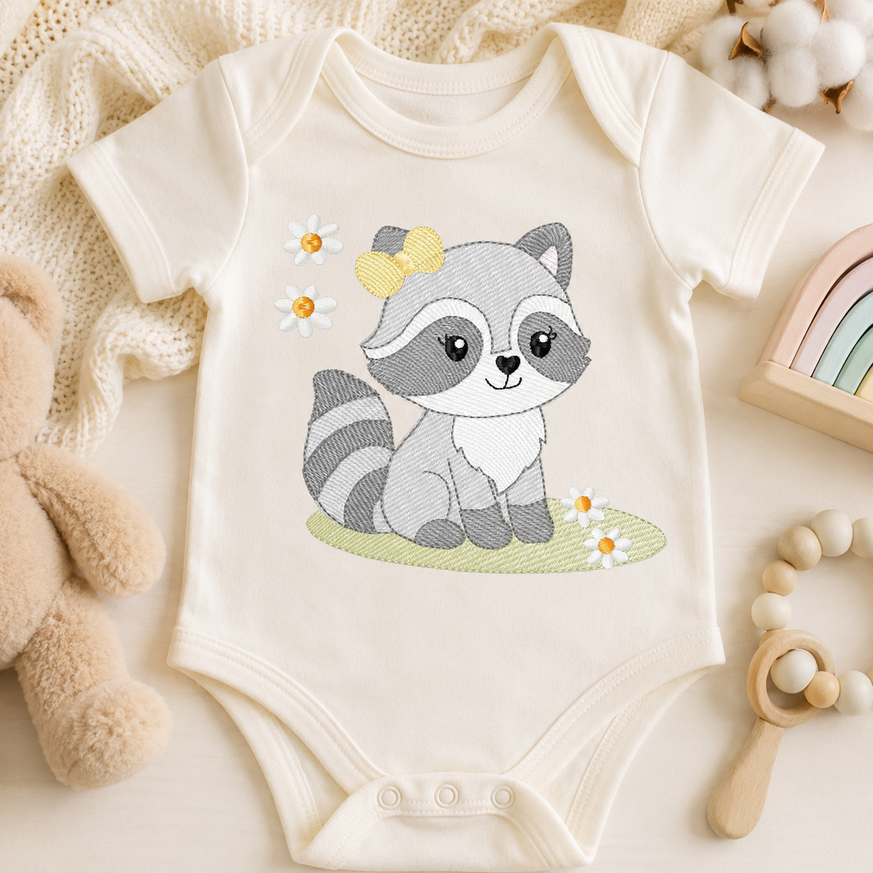 Baby Girl Racoon embroidery design - Woodland Forest Animal machine embroidery pattern - Raccoon with flowers - Instant download