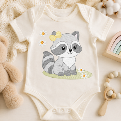 Baby Girl Racoon embroidery design - Woodland Forest Animal machine embroidery pattern - Raccoon with flowers - Instant download
