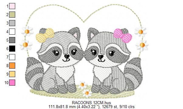 Girls Racoons embroidery designs - Woodland Forest Animal machine embroidery pattern - Raccoon Sisters - Instant download