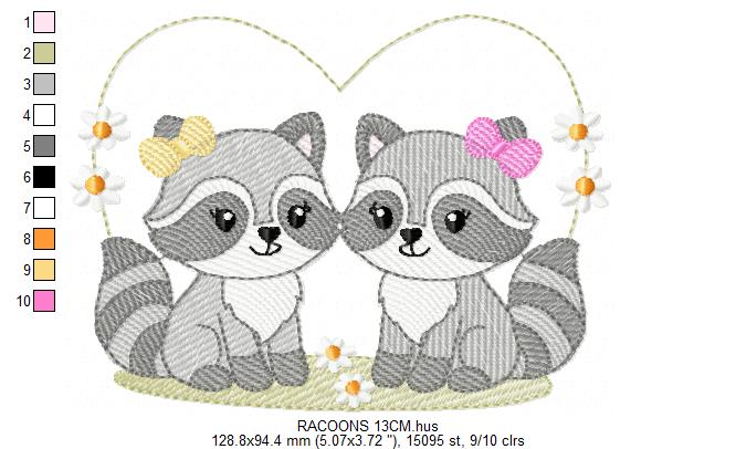 Girls Racoons embroidery designs - Woodland Forest Animal machine embroidery pattern - Raccoon Sisters - Instant download