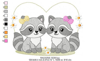 Girls Racoons embroidery designs - Woodland Forest Animal machine embroidery pattern - Raccoon Sisters - Instant download