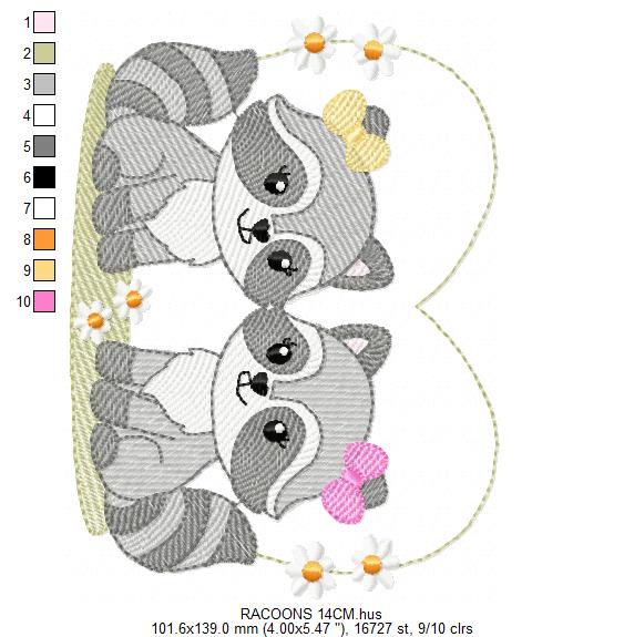 Girls Racoons embroidery designs - Woodland Forest Animal machine embroidery pattern - Raccoon Sisters - Instant download