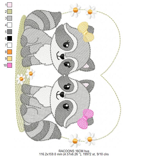 Girls Racoons embroidery designs - Woodland Forest Animal machine embroidery pattern - Raccoon Sisters - Instant download