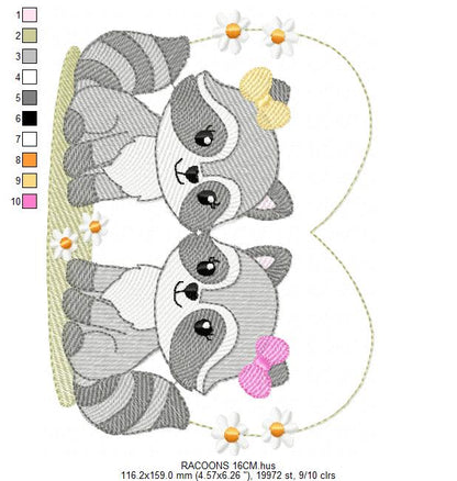 Girls Racoons embroidery designs - Woodland Forest Animal machine embroidery pattern - Raccoon Sisters - Instant download