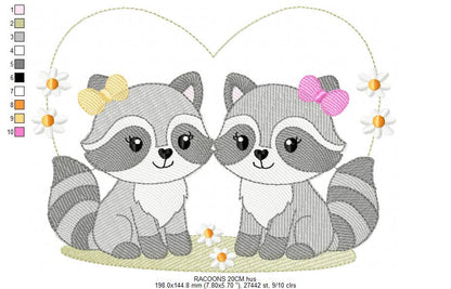 Girls Racoons embroidery designs - Woodland Forest Animal machine embroidery pattern - Raccoon Sisters - Instant download