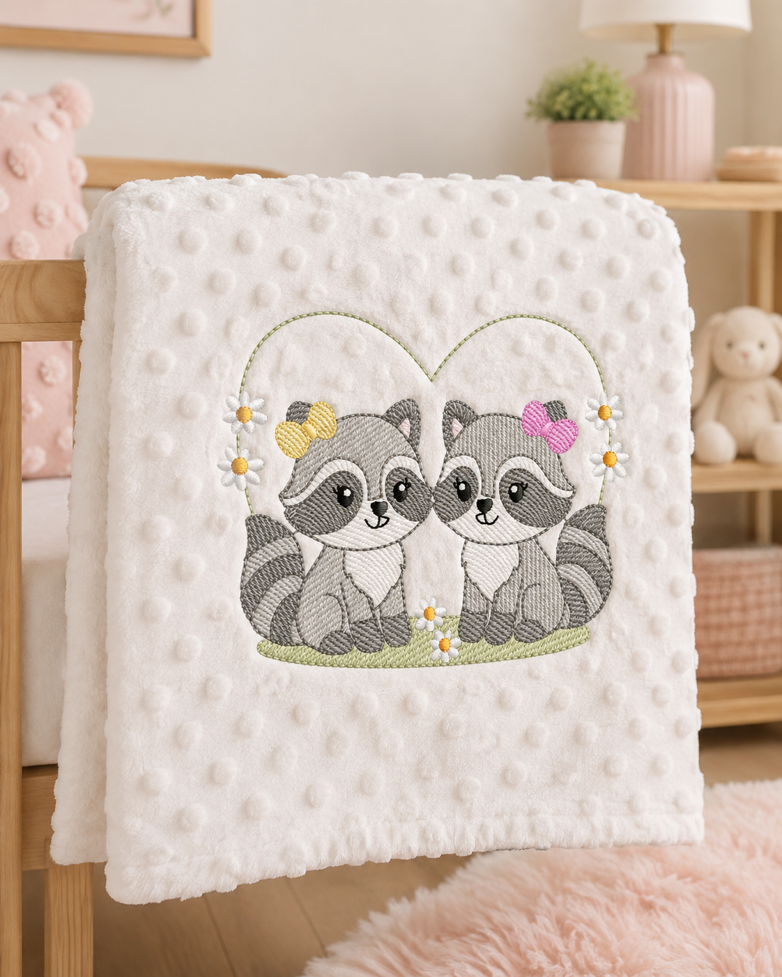 Girls Racoons embroidery designs - Woodland Forest Animal machine embroidery pattern - Raccoon Sisters - Instant download