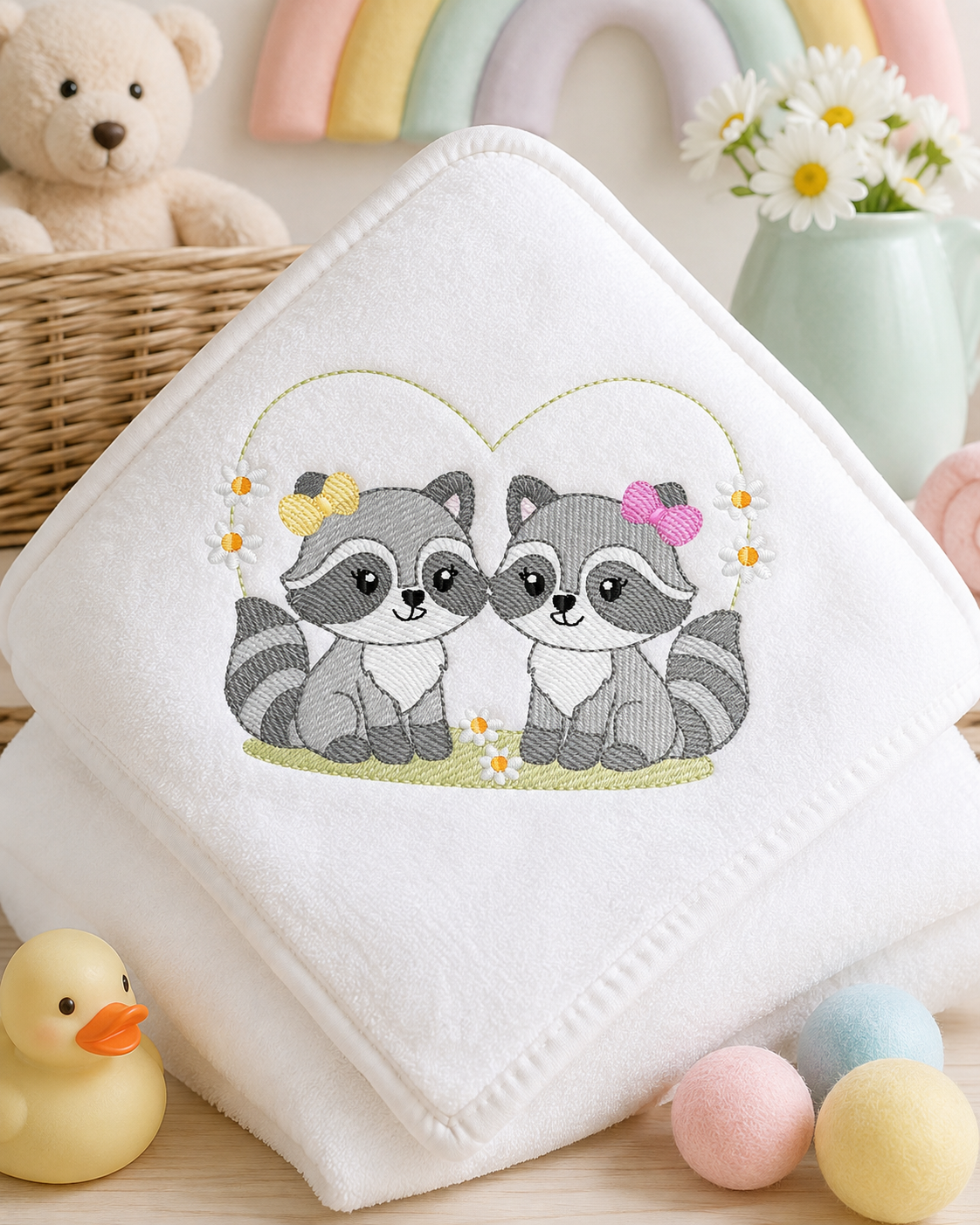 Girls Racoons embroidery designs - Woodland Forest Animal machine embroidery pattern - Raccoon Sisters - Instant download