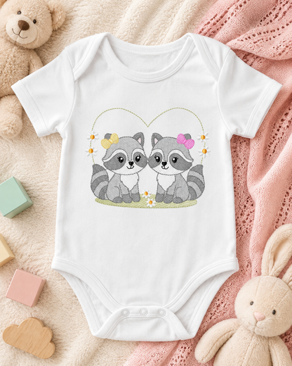 Girls Racoons embroidery designs - Woodland Forest Animal machine embroidery pattern - Raccoon Sisters - Instant download