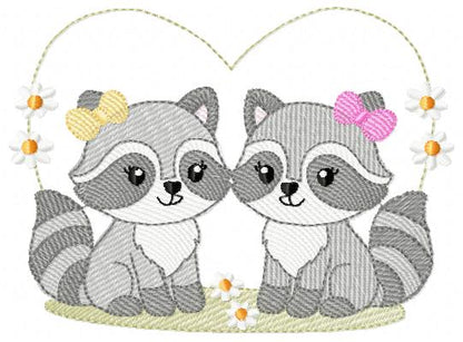 Girls Racoons embroidery designs - Woodland Forest Animal machine embroidery pattern - Raccoon Sisters - Instant download