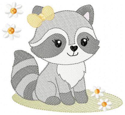 Baby Girl Racoon embroidery design - Woodland Forest Animal machine embroidery pattern - Raccoon with flowers - Instant download