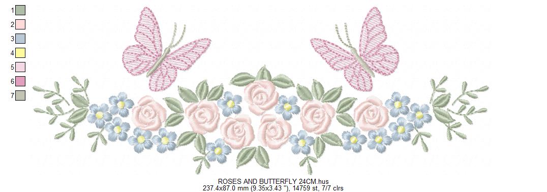 Divider with Flowers and Butterflies embroidery designs - Roses with butterfly embroidery machine embroidery pattern - Floral Kitchen towel - instant download Marcia Embroidery