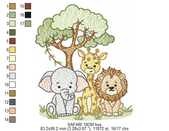 Safari Wild Animals embroidery design - Elephant Giraffe and Lion with tree machine embroidery pattern - Instant digital download pes jef dst
