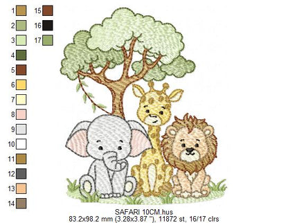 Safari Wild Animals embroidery design - Elephant Giraffe and Lion with tree machine embroidery pattern - Instant digital download pes jef dst