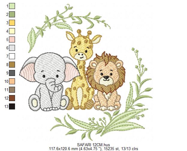 Safari Wild Animals embroidery design - Elephant Giraffe and Lion machine embroidery pattern - Instant digital download pes jef dst