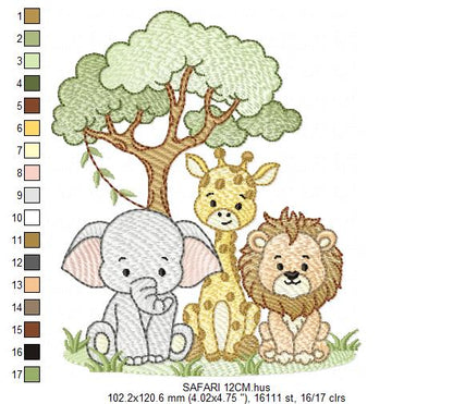 Safari Wild Animals embroidery design - Elephant Giraffe and Lion with tree machine embroidery pattern - Instant digital download pes jef dst