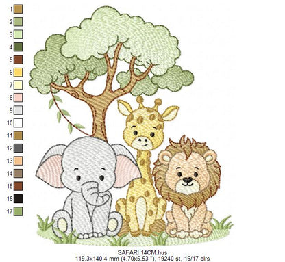 Safari Wild Animals embroidery design - Elephant Giraffe and Lion with tree machine embroidery pattern - Instant digital download pes jef dst