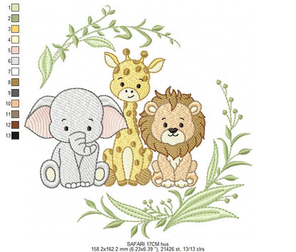 Safari Wild Animals embroidery design - Elephant Giraffe and Lion machine embroidery pattern - Instant digital download pes jef dst
