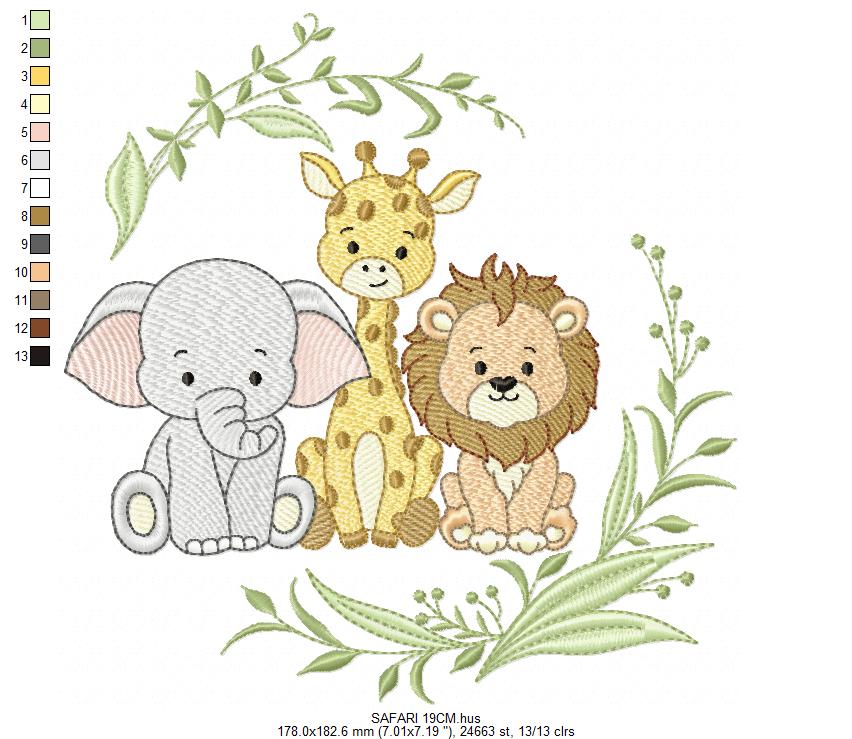 Safari Wild Animals embroidery design - Elephant Giraffe and Lion machine embroidery pattern - Instant digital download pes jef dst