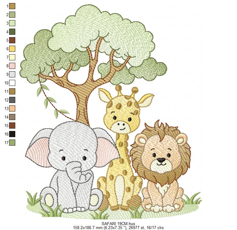 Safari Wild Animals embroidery design - Elephant Giraffe and Lion with tree machine embroidery pattern - Instant digital download pes jef dst