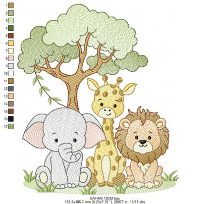 Safari Wild Animals embroidery design - Elephant Giraffe and Lion with tree machine embroidery pattern - Instant digital download pes jef dst
