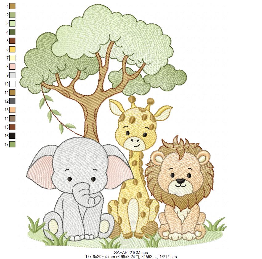 Safari Wild Animals embroidery design - Elephant Giraffe and Lion with tree machine embroidery pattern - Instant digital download pes jef dst