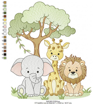 Safari Wild Animals embroidery design - Elephant Giraffe and Lion with tree machine embroidery pattern - Instant digital download pes jef dst
