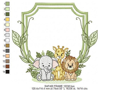 Safari Wild Animals embroidery design - Elephant Giraffe and Lion Frame machine embroidery pattern - Instant digital download pes jef dst
