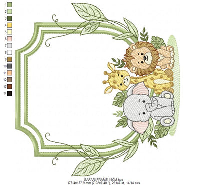 Safari Wild Animals embroidery design - Elephant Giraffe and Lion Frame machine embroidery pattern - Instant digital download pes jef dst