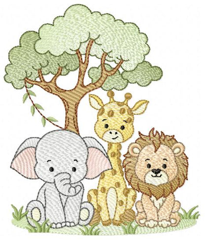 Safari Wild Animals embroidery design - Elephant Giraffe and Lion with tree machine embroidery pattern - Instant digital download pes jef dst