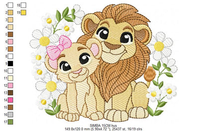 Lion King embroidery design - Simba and Nala with flowers machine embroidery pattern - Baby Boy and girl file - Instant digital download pes jef dst hus vp3