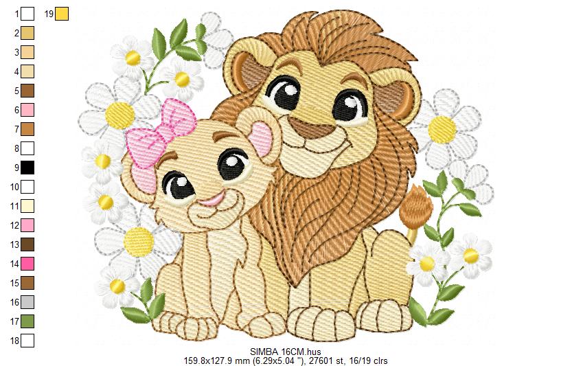 Lion King embroidery design - Simba and Nala with flowers machine embroidery pattern - Baby Boy and girl file - Instant digital download pes jef dst hus vp3