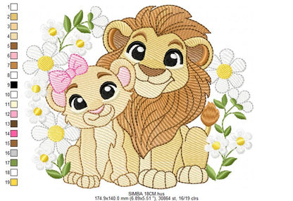 Lion King embroidery design - Simba and Nala with flowers machine embroidery pattern - Baby Boy and girl file - Instant digital download pes jef dst hus vp3