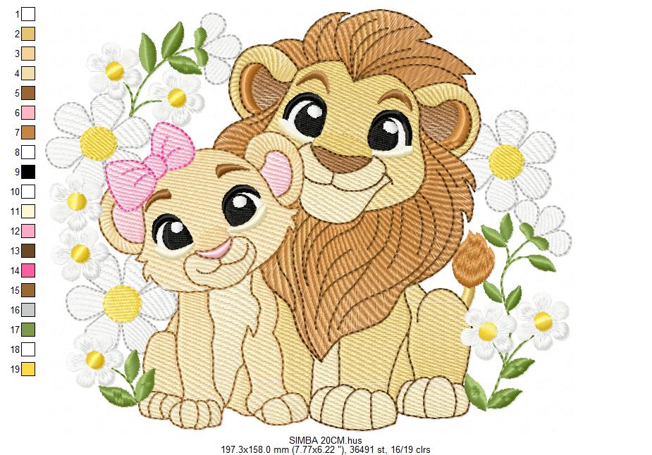 Lion King embroidery design - Simba and Nala with flowers machine embroidery pattern - Baby Boy and girl file - Instant digital download pes jef dst hus vp3