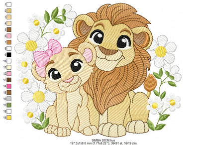 Lion King embroidery design - Simba and Nala with flowers machine embroidery pattern - Baby Boy and girl file - Instant digital download pes jef dst hus vp3