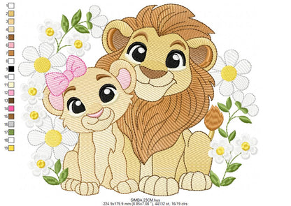 Lion King embroidery design - Simba and Nala with flowers machine embroidery pattern - Baby Boy and girl file - Instant digital download pes jef dst hus vp3