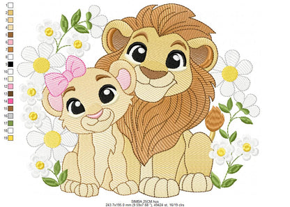 Lion King embroidery design - Simba and Nala with flowers machine embroidery pattern - Baby Boy and girl file - Instant digital download pes jef dst hus vp3
