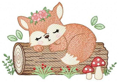 Fox with flowers embroidery design - Sleeping Woodland animal machine embroidery pattern - Baby girl and boy file - Instant download pes jef dst hus
