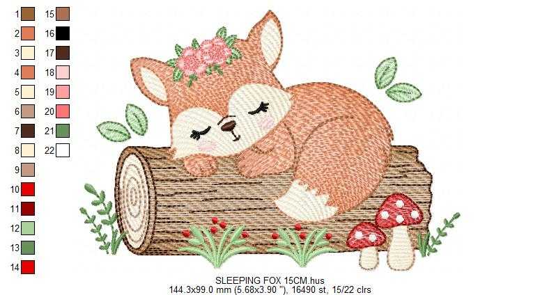 Fox with flowers embroidery design - Sleeping Woodland animal machine embroidery pattern - Baby girl and boy file - Instant download pes jef dst hus