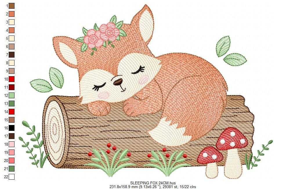 Fox with flowers embroidery design - Sleeping Woodland animal machine embroidery pattern - Baby girl and boy file - Instant download pes jef dst hus