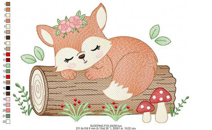 Fox with flowers embroidery design - Sleeping Woodland animal machine embroidery pattern - Baby girl and boy file - Instant download pes jef dst hus