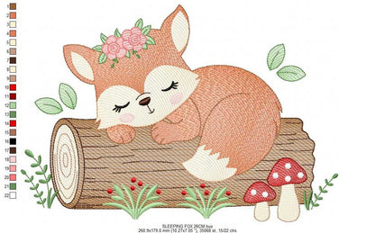 Fox with flowers embroidery design - Sleeping Woodland animal machine embroidery pattern - Baby girl and boy file - Instant download pes jef dst hus