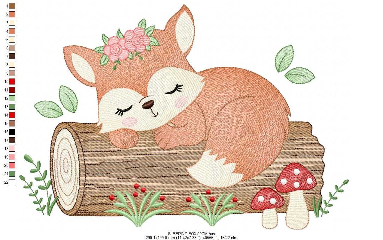 Fox with flowers embroidery design - Sleeping Woodland animal machine embroidery pattern - Baby girl and boy file - Instant download pes jef dst hus