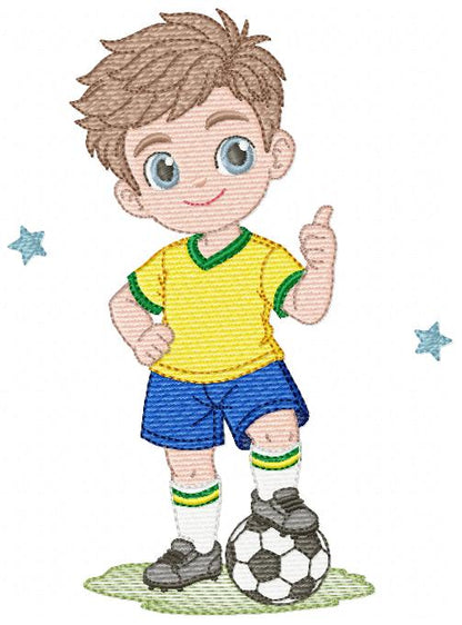 Soccer player embroidery design - School Boy with curly hair machine embroidery file - boy with soccer ball file - Instant digital download