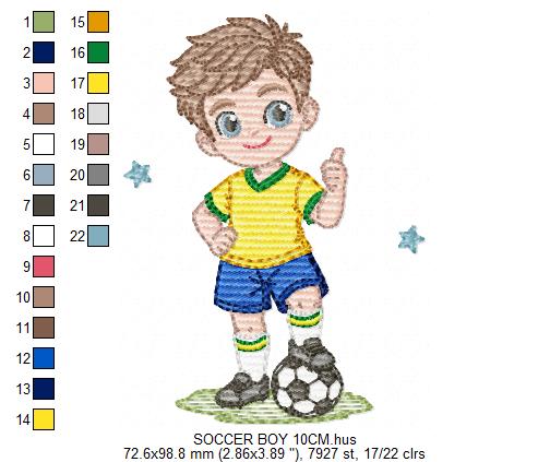 Soccer player embroidery design - School Boy with curly hair machine embroidery file - boy with soccer ball file - Instant digital download
