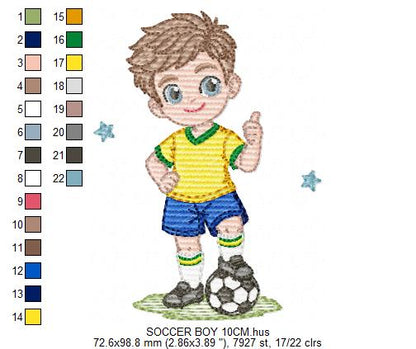 Soccer player embroidery design - School Boy with curly hair machine embroidery file - boy with soccer ball file - Instant digital download